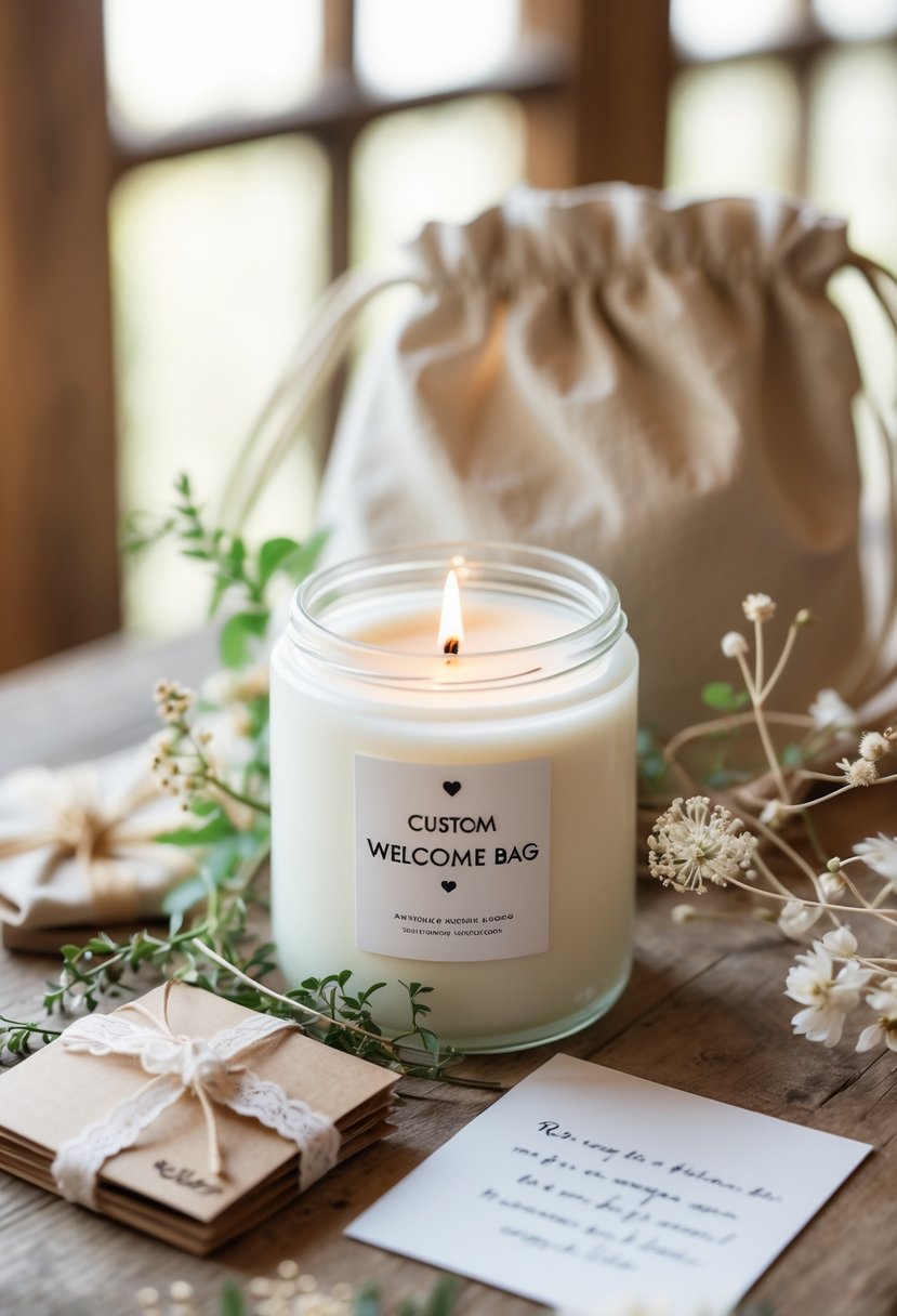 A custom scented soy candle in a frosted glass jar surrounded by dried flowers and greenery on a wooden table, arranged as part of a wedding welcome bag.