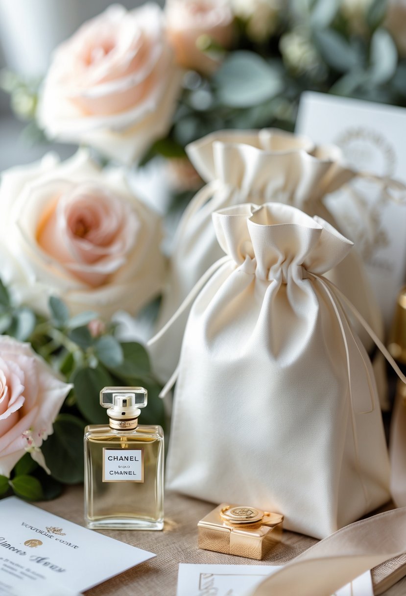 Mini bottle of Chanel Chance Eau Tendre perfume displayed with elegant wedding welcome bags, fresh flowers, and ribbons on a soft background.
