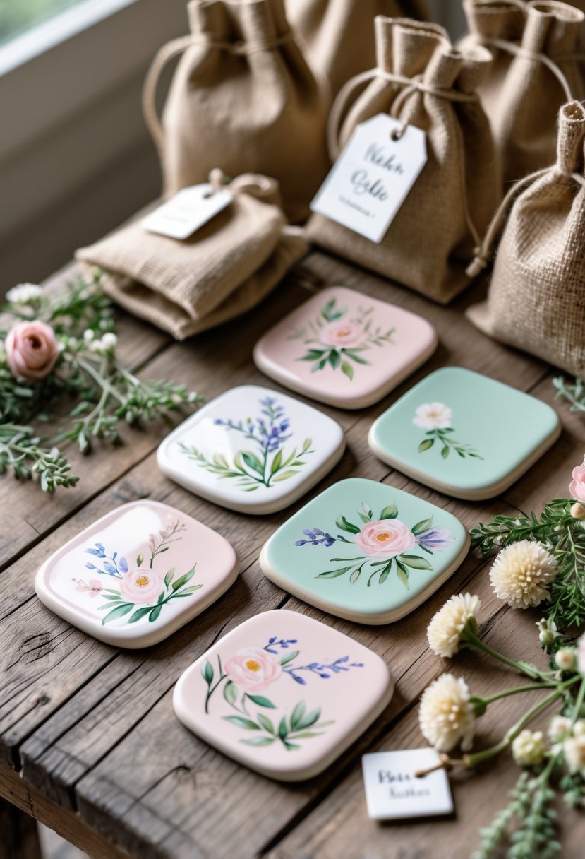 Hand-painted ceramic coasters with floral designs arranged on a wooden table alongside wedding welcome bag items like burlap bags and dried flowers.