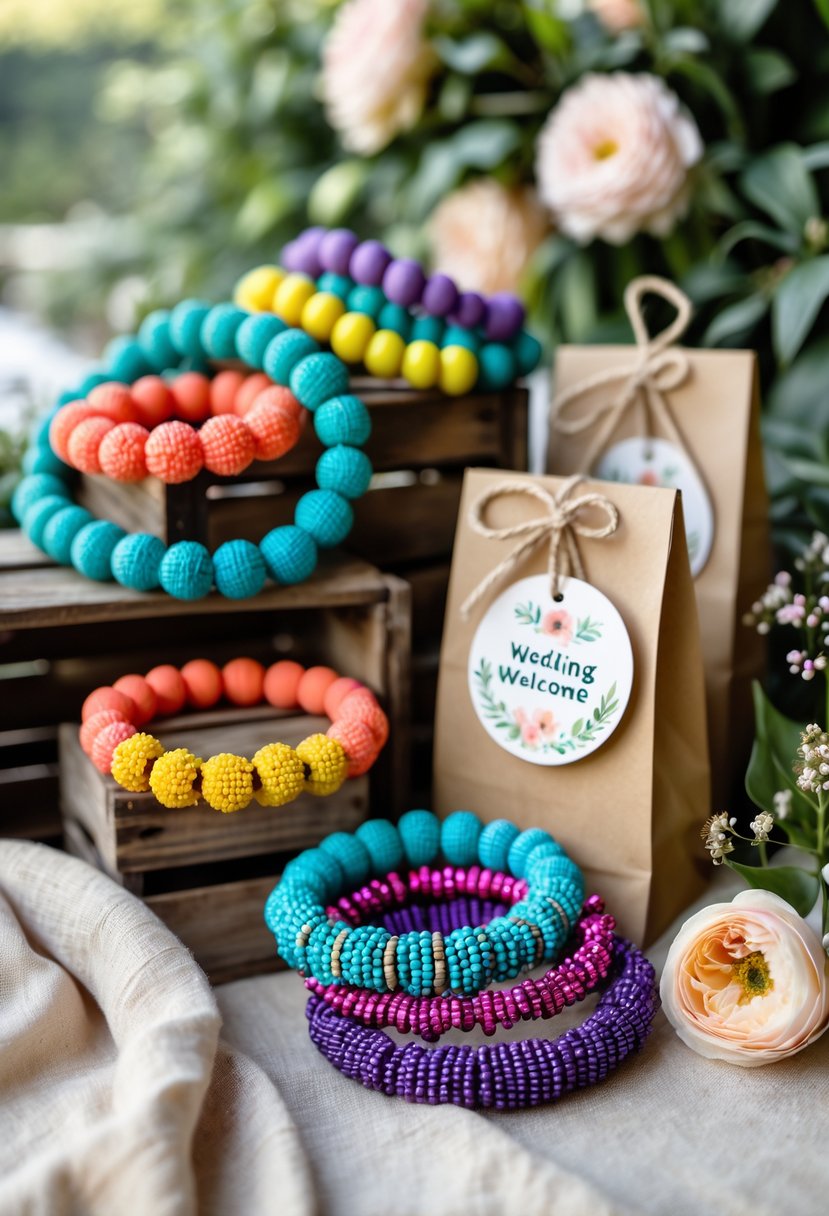 Colorful beaded friendship bracelets displayed next to decorated wedding welcome bags on a rustic wooden surface with greenery in the background.