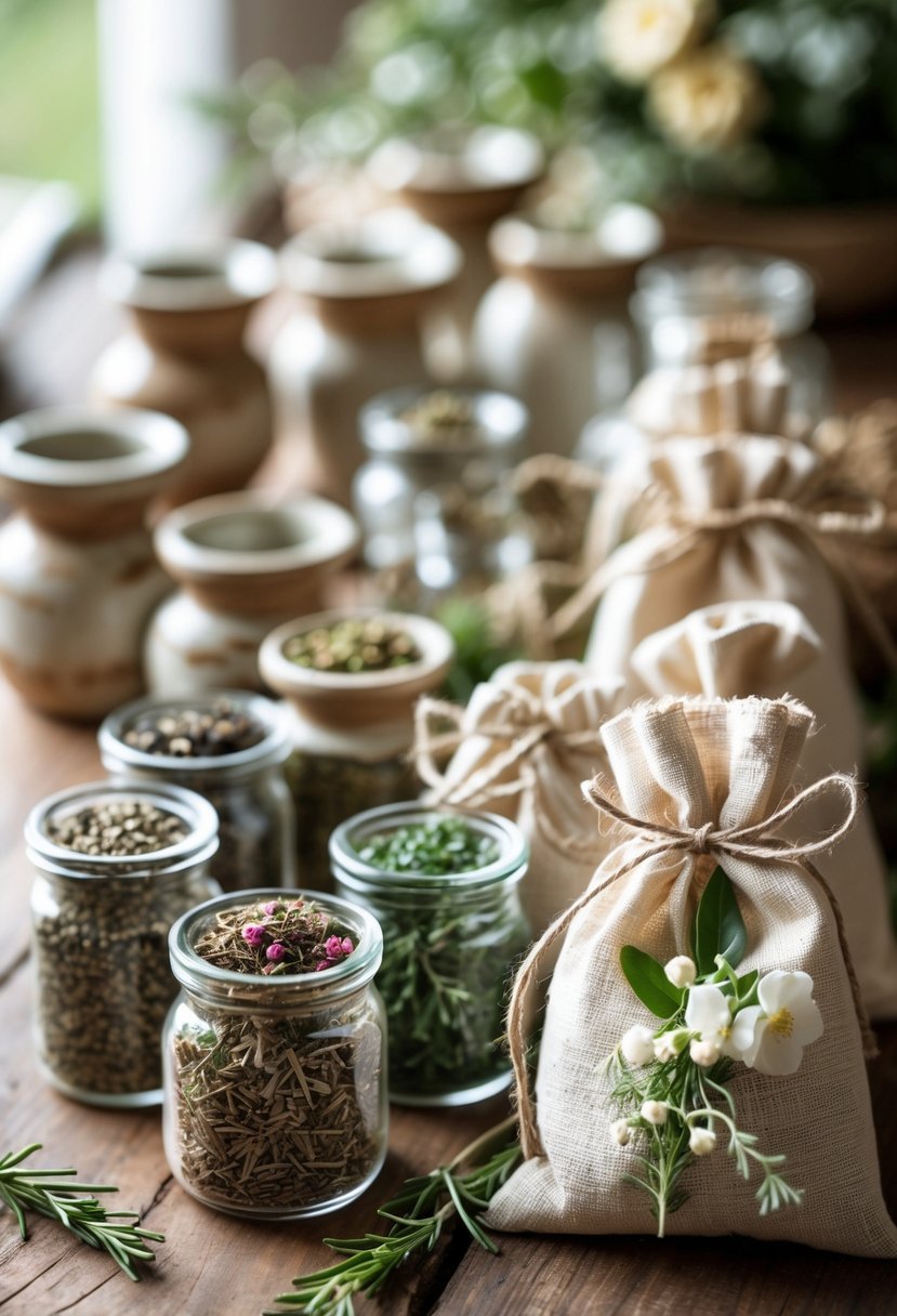 A wooden table displaying pottery spice jars filled with dried herbs next to fabric wedding welcome bags decorated with flowers and twine.