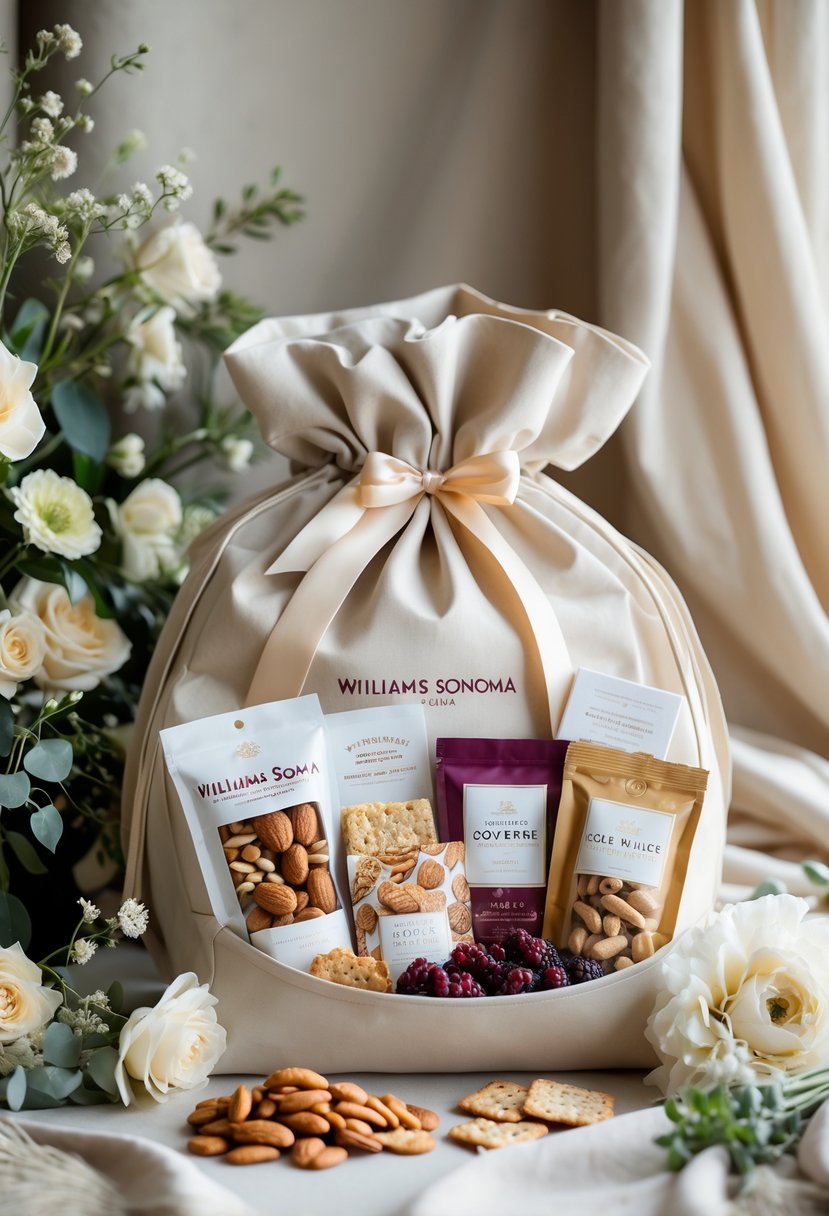 A luxurious wedding welcome bag filled with gourmet snack mix and surrounded by flowers and greenery on a soft surface.