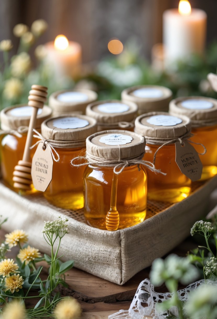 Mini glass jars of wildflower honey arranged in a rustic wedding welcome bag with wildflowers and greenery on a wooden surface.