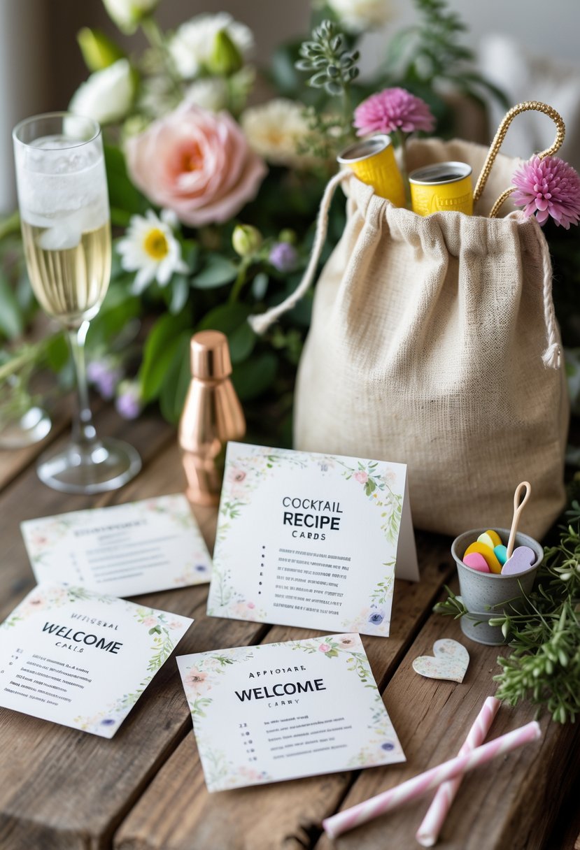 A rustic wooden table with personalized cocktail recipe cards surrounded by flowers, greenery, and wedding favors next to a natural fabric welcome bag.