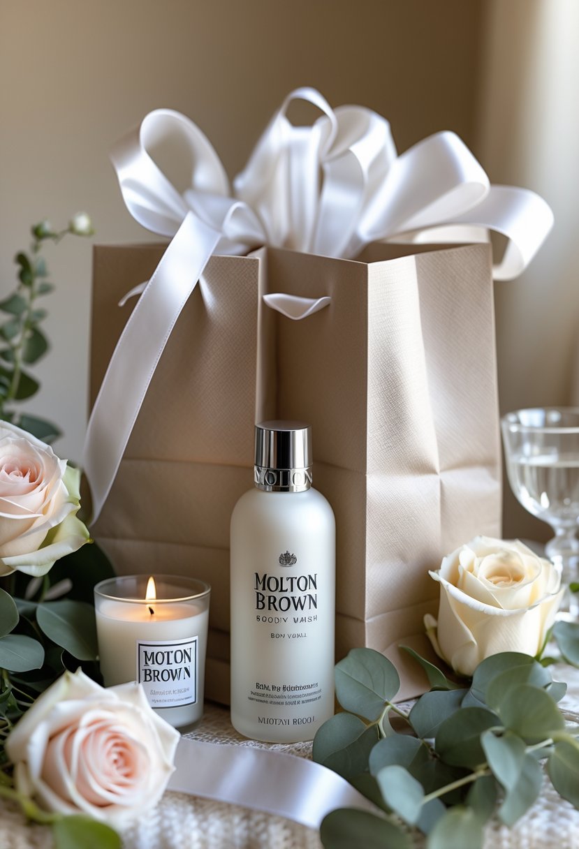 A luxurious wedding welcome bag with Molton Brown bath and body wash, fresh flowers, and a scented candle arranged on a soft surface.