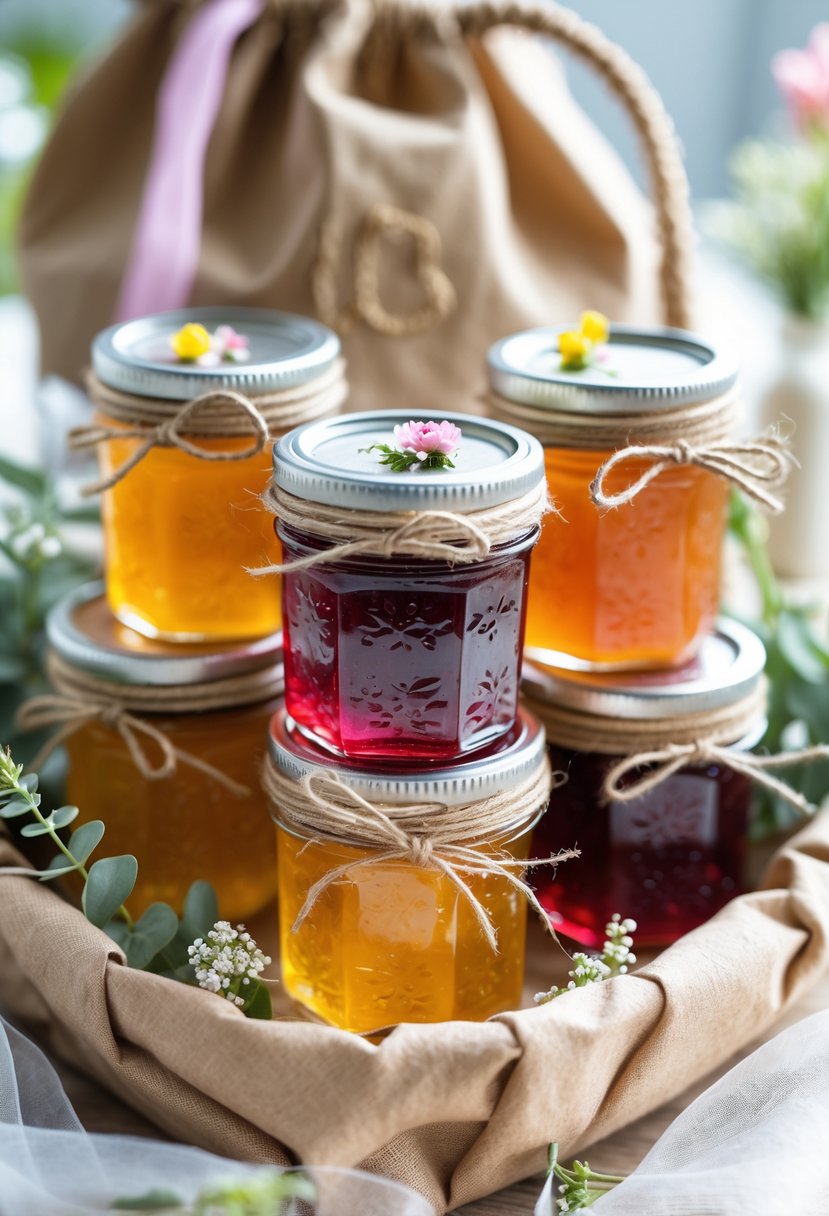 Mini jars of homemade jam arranged inside a decorative welcome bag with ribbons and greenery.