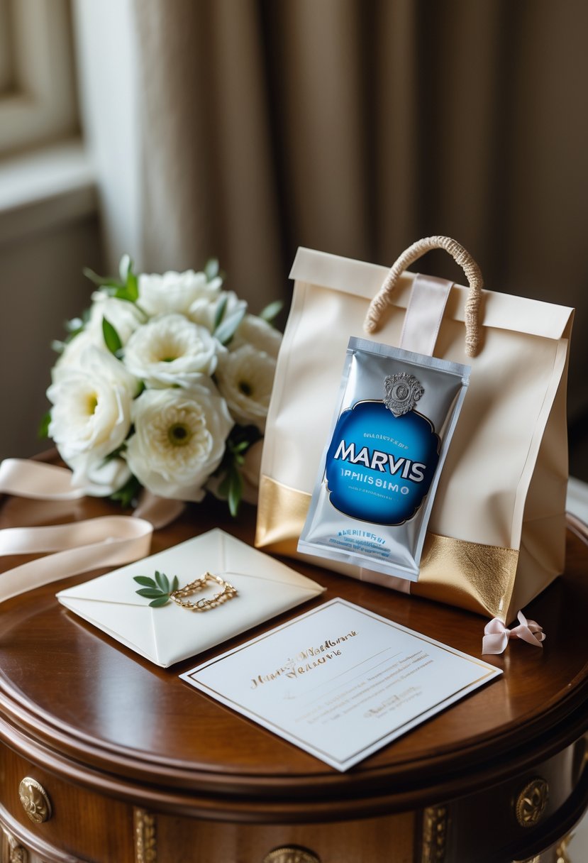 A wedding welcome bag containing a Marvis whitening toothpaste gift pack, white flowers, and a silk ribbon on a wooden table.