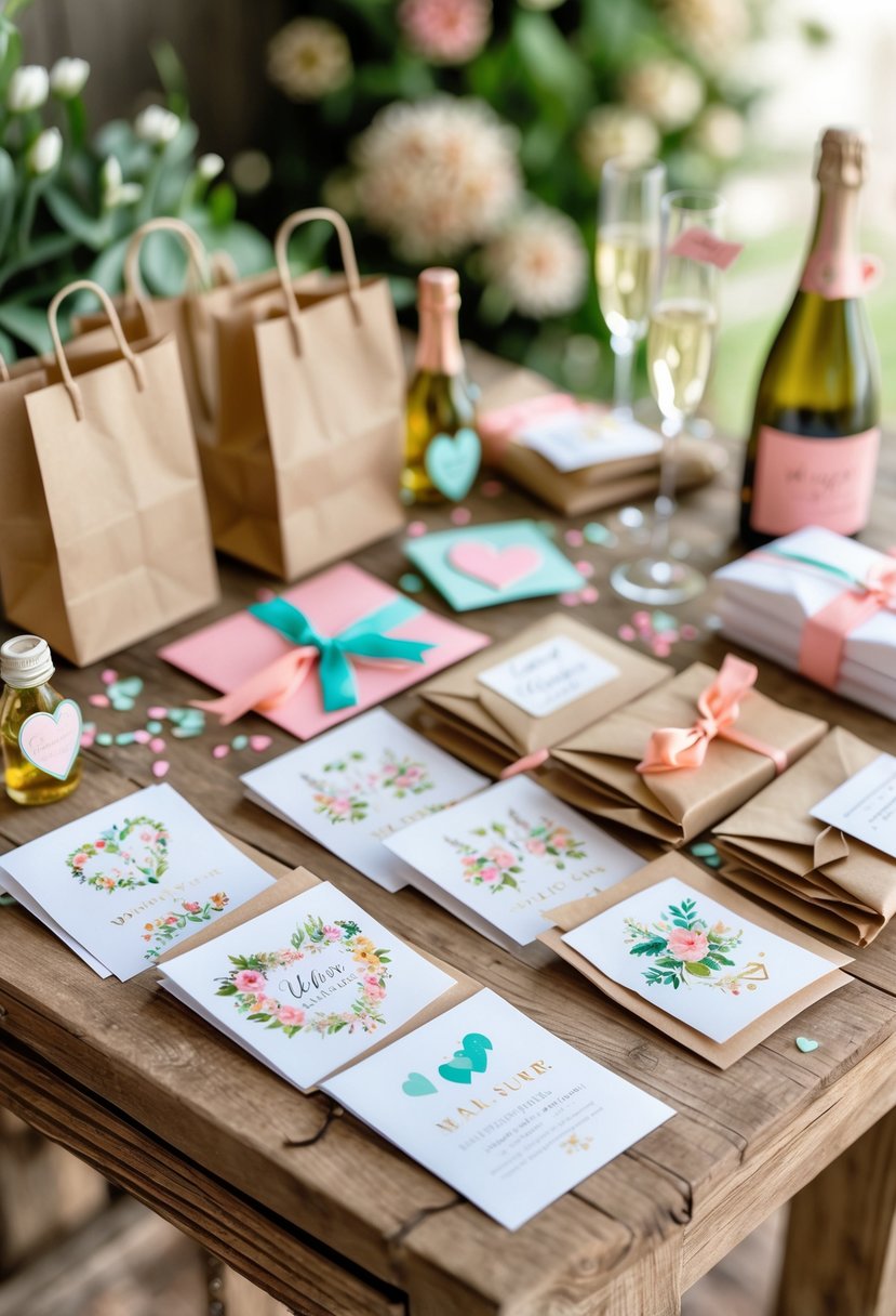 A wooden table with custom temporary tattoos and wedding welcome bag items arranged for assembly in a bright, festive setting.