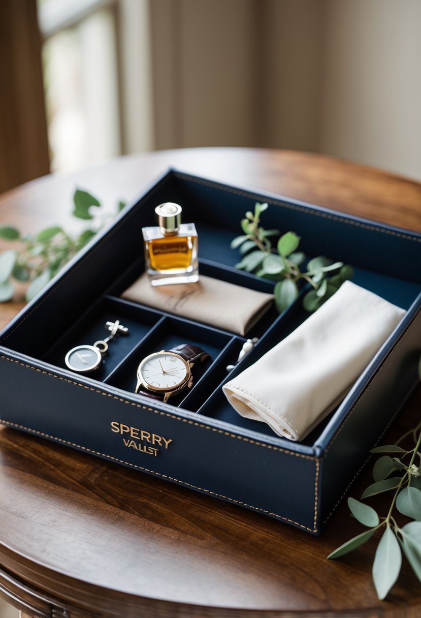 A leather valet tray holding wedding welcome bag items such as perfume, cufflinks, a watch, a handkerchief, and greenery on a wooden surface.