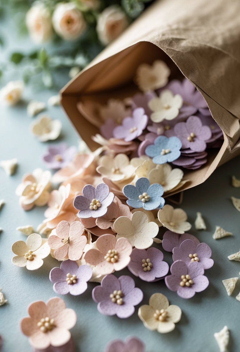 A rustic wedding welcome bag with pastel seed paper flower confetti scattered around it on a wooden surface.