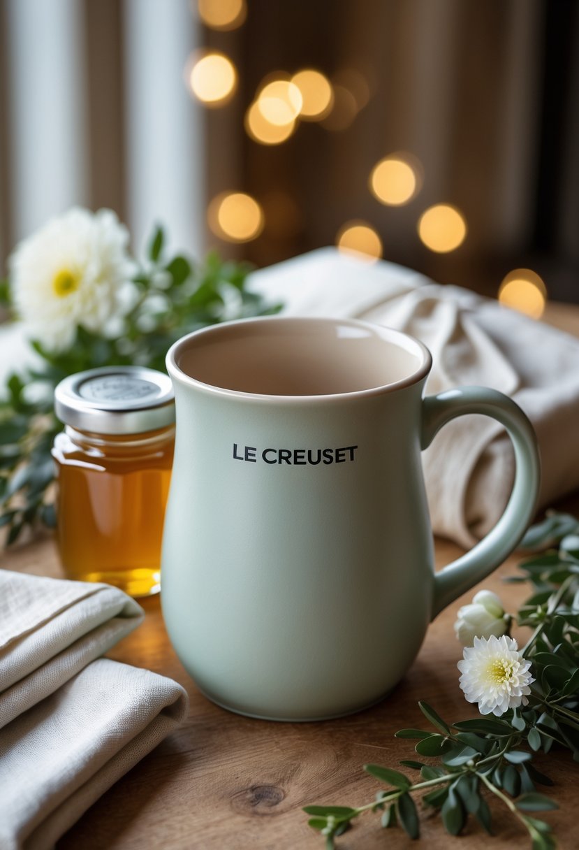 A Le Creuset stoneware mug displayed on a wooden table surrounded by wedding welcome bag items including a linen napkin, honey jar, greenery, and a white flower.