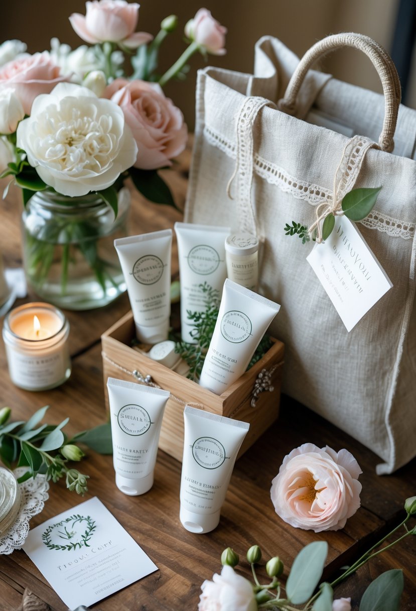 A wedding welcome bag with Crabtree & Evelyn hand therapy cream, flowers, a candle, and greenery arranged on a wooden table.