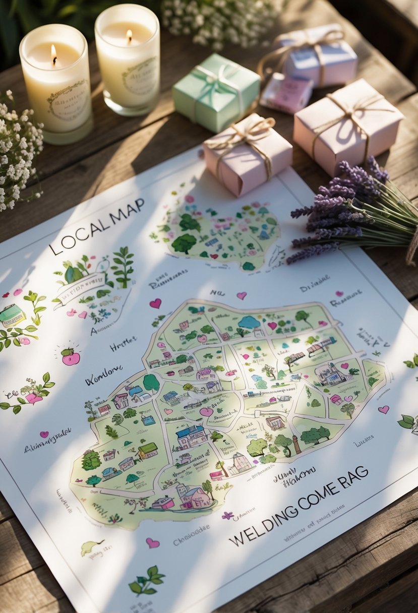 A local map with romantic spots marked, surrounded by wedding welcome bag items like candles, champagne bottles, chocolates, and lavender on a wooden table.