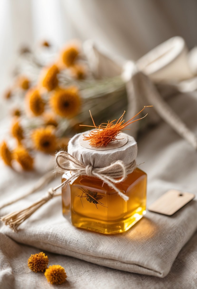 A glass jar of saffron-infused honey tied with twine, surrounded by wedding welcome bag items like dried flowers and a linen napkin on a soft fabric surface.