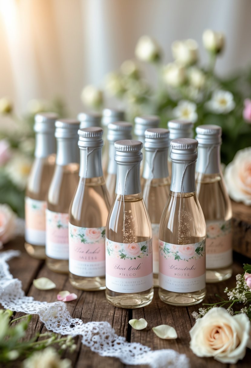 Mini bubble bottles with custom floral labels arranged on a wooden table with wedding decorations like flowers and ribbons.