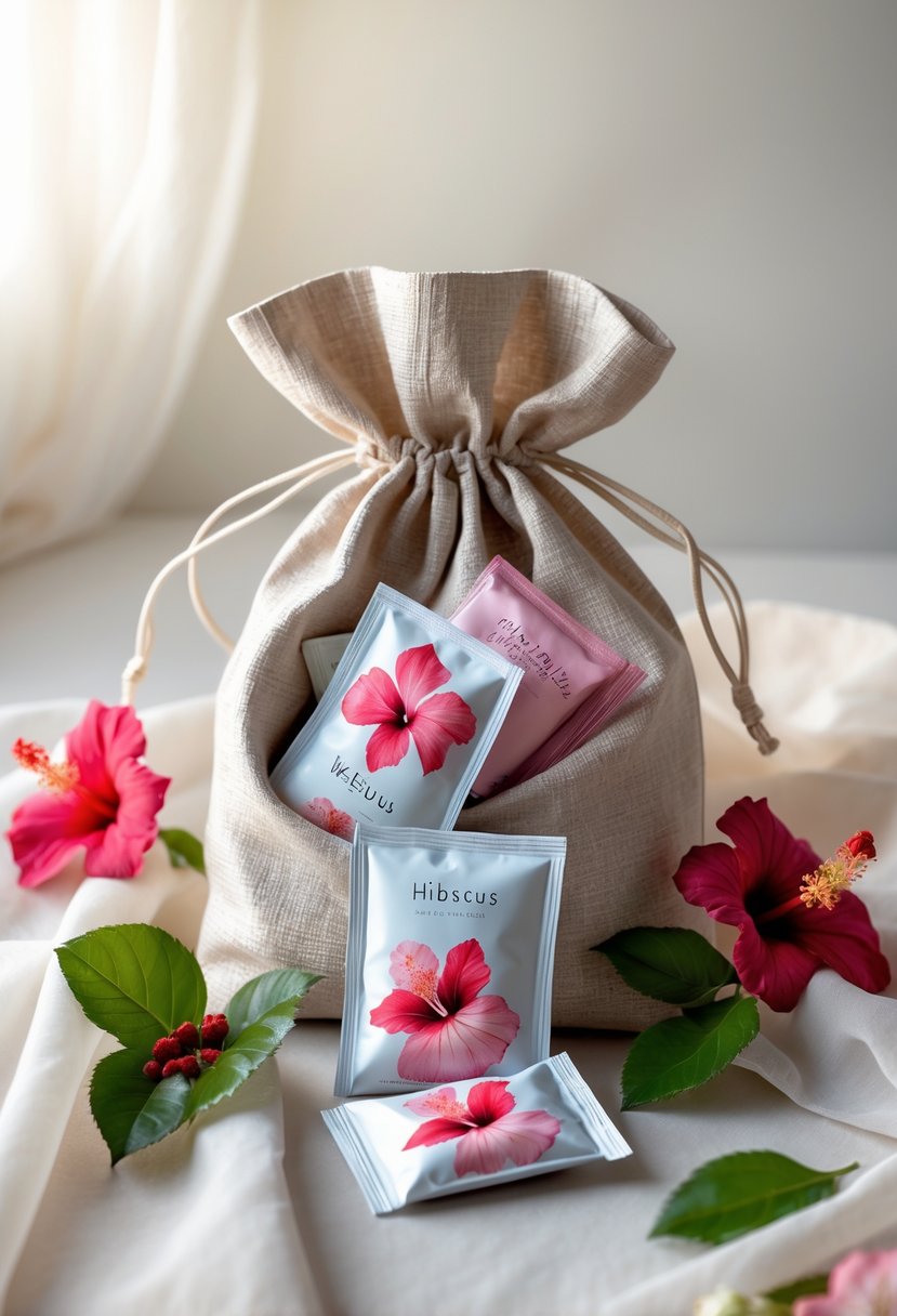 A wedding welcome bag filled with hibiscus and rose tea sachets surrounded by fresh flowers and leaves.