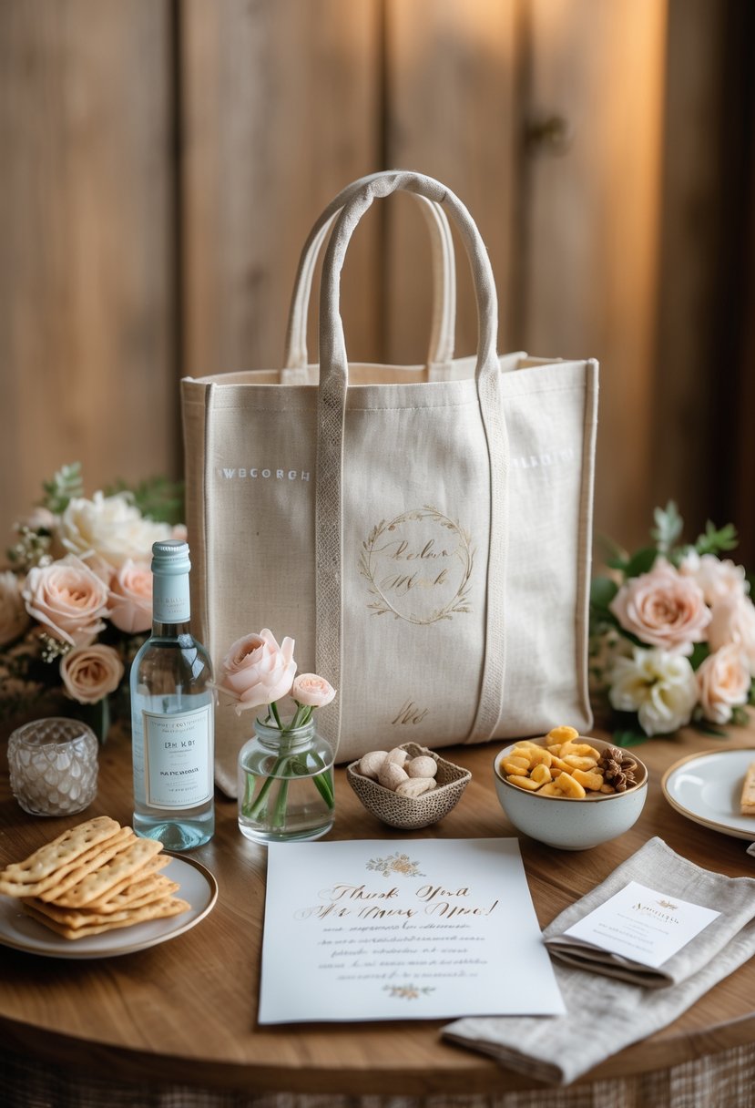 A luxurious wedding welcome bag with elegant items and a handwritten thank-you note placed on a wooden table.