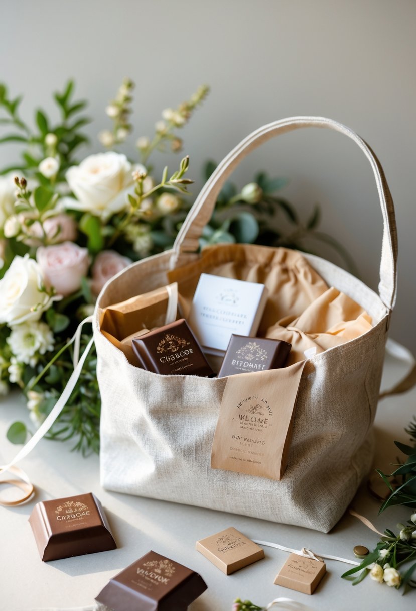 A wedding welcome bag filled with local artisan chocolate bars surrounded by flowers and decorative accents on a neutral surface.
