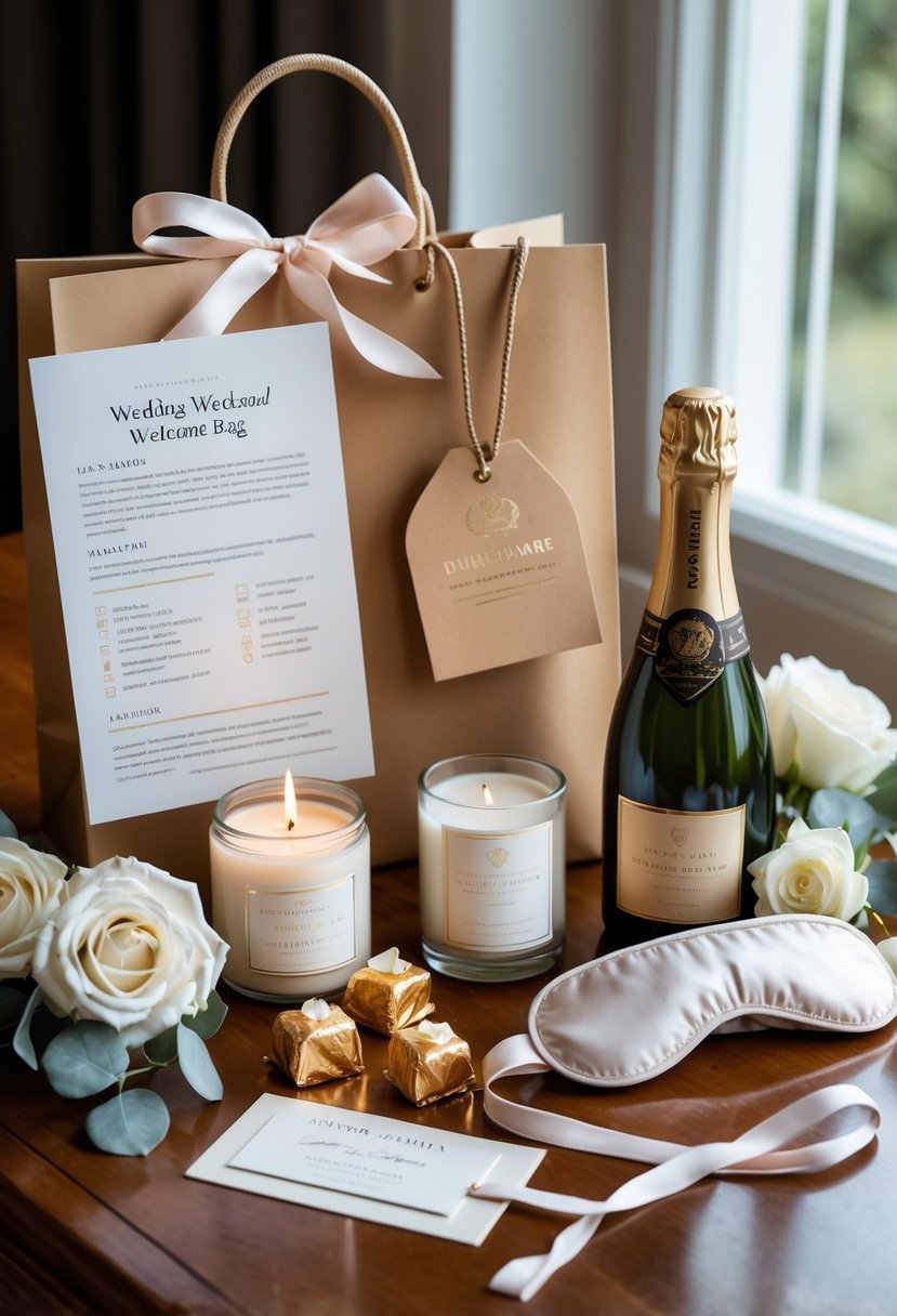 A luxurious wedding welcome bag on a wooden table containing a wedding itinerary, candle, chocolates, champagne, eye mask, and luggage tag, decorated with white roses and eucalyptus leaves.