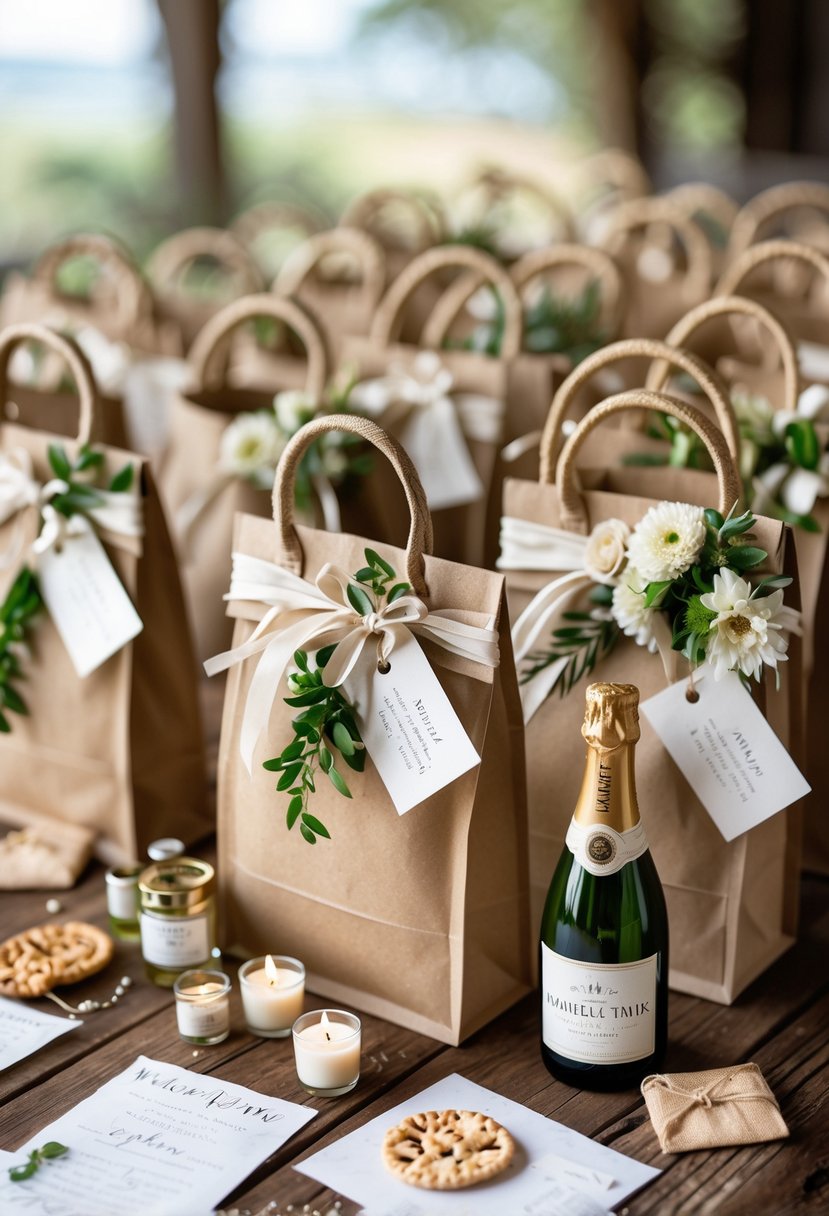 A collection of creatively decorated wedding welcome bags filled with small gifts and placed on a wooden table.