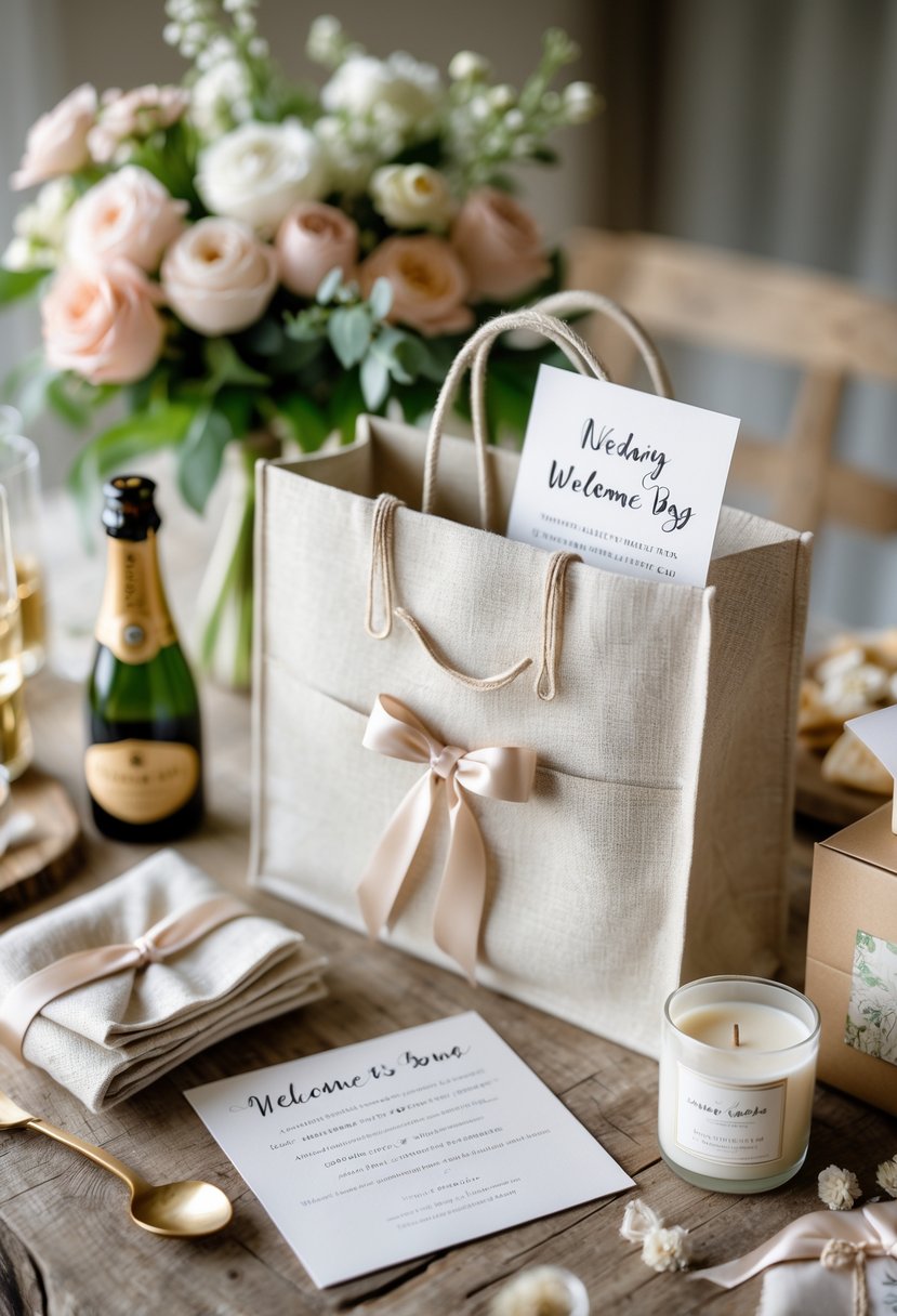 A wedding welcome bag on a wooden table containing flowers, a card holder, a mini champagne bottle, snacks, and a candle.