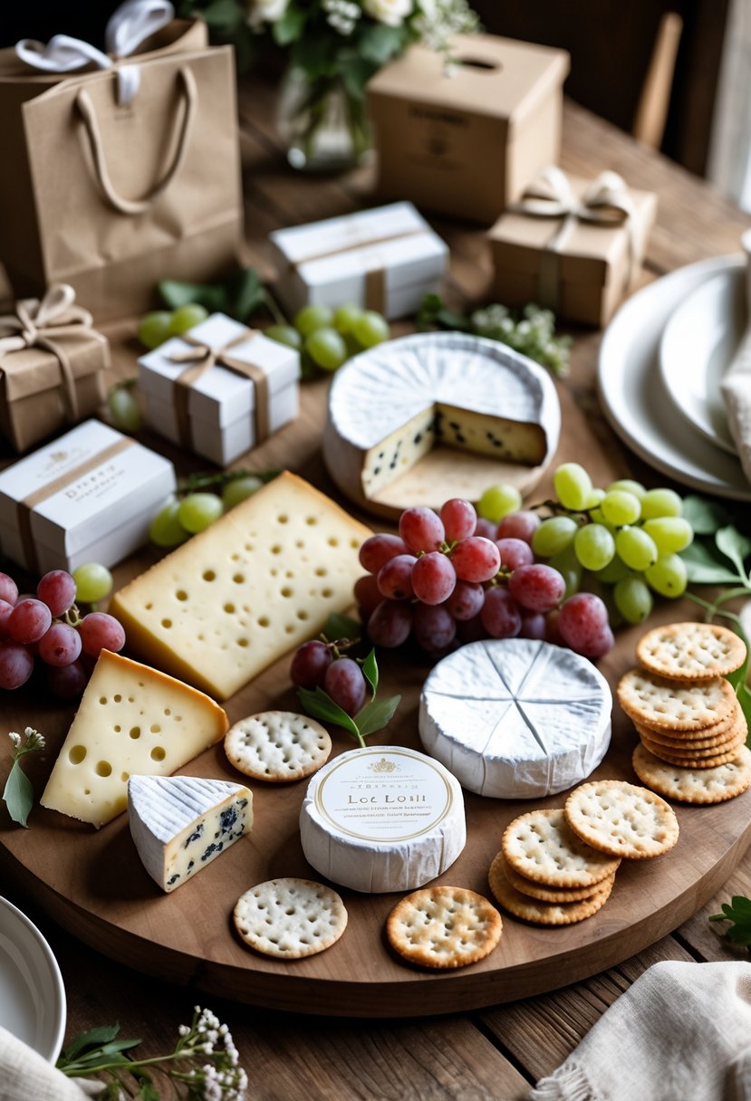 A wooden table with artisanal cheeses, crackers, grapes, and wedding welcome bag items arranged together.