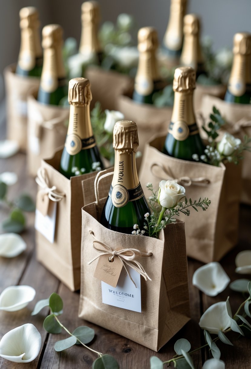 Mini bottles of champagne arranged inside wedding welcome bags on a wooden table with floral decorations.