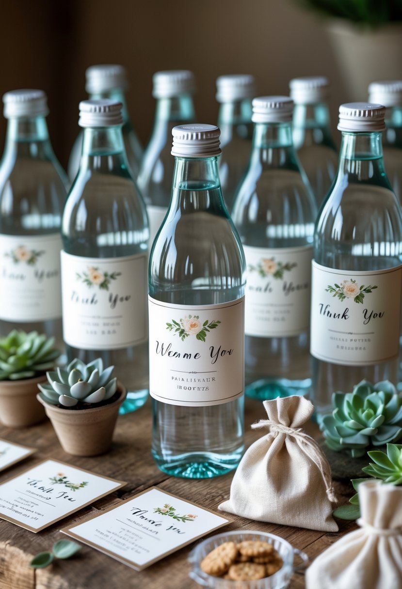 Custom-labeled water bottles arranged with wedding welcome bag items on a wooden table.