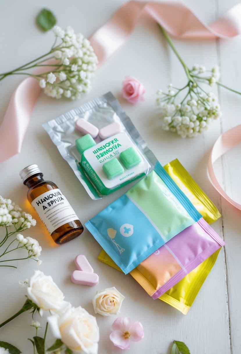 A hangover survival kit with aspirin, gum, and hydration packets arranged on a wooden surface with wedding decorations around them.
