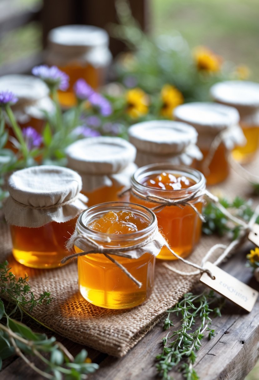 Mini glass jars of local honey and jam arranged on a wooden table with flowers and herbs.
