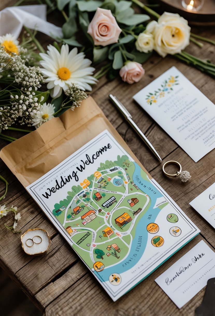 A wedding welcome bag on a wooden table containing a colorful map of local attractions and a card listing favorite restaurants, surrounded by flowers, wedding rings, and a handwritten note.