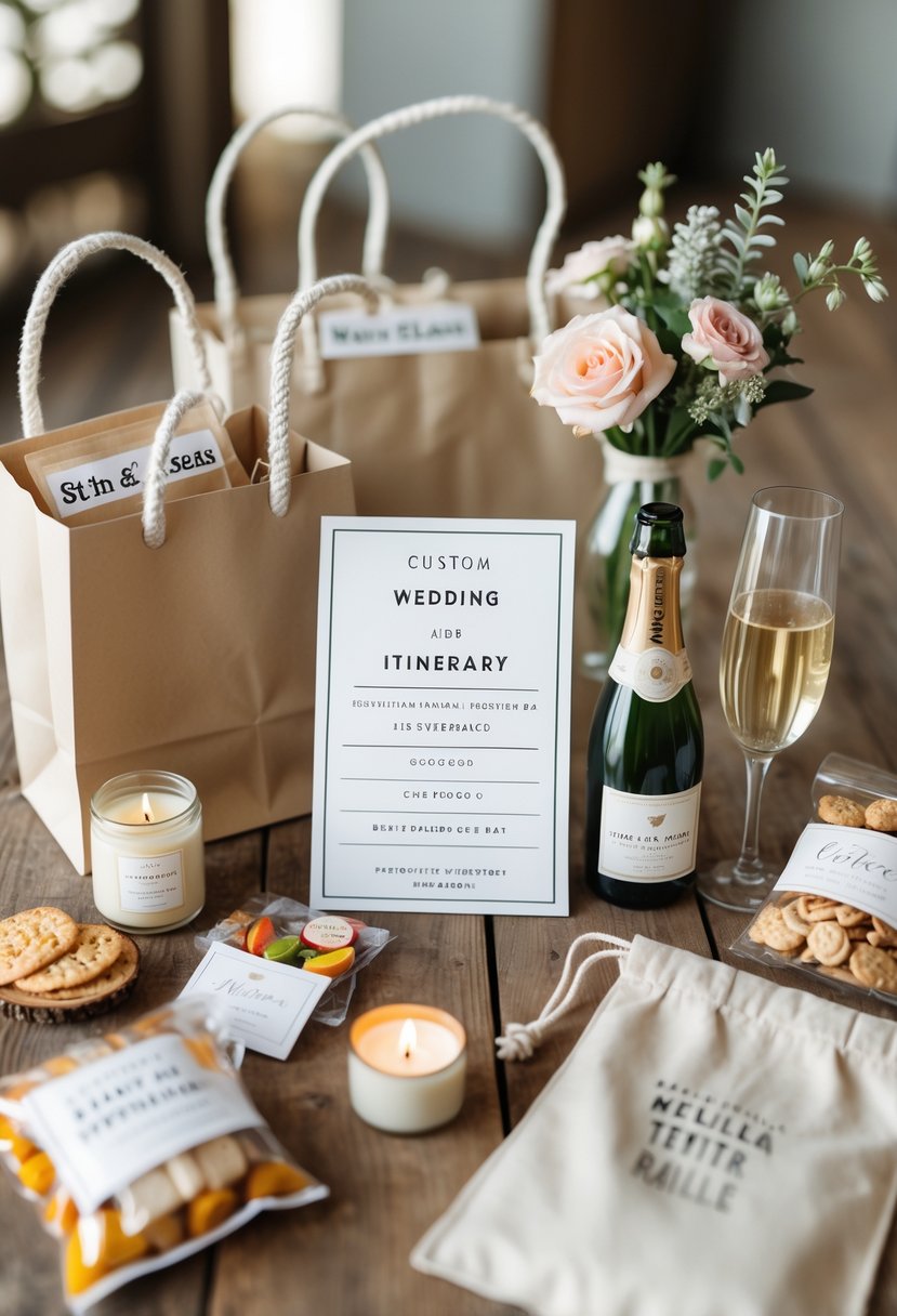 A wedding welcome bag arrangement on a wooden table with a custom itinerary card and various wedding gift items like snacks, a candle, flowers, and a tote bag.