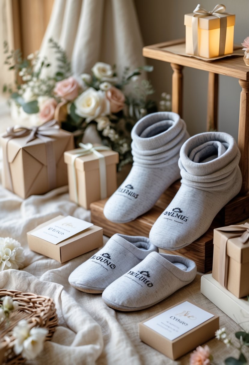 A neatly arranged set of cozy branded socks and slippers alongside wedding welcome gifts and flowers on a wooden surface.