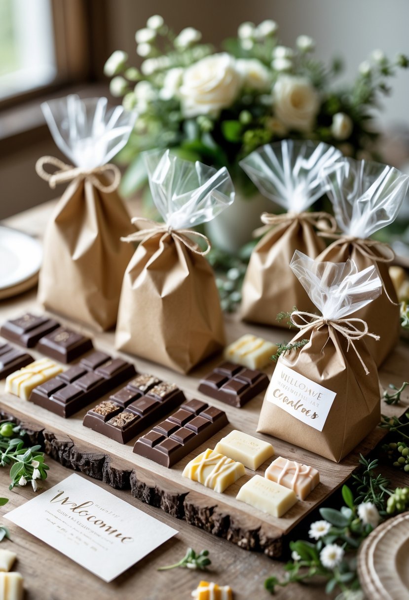 A table with a wedding welcome bag containing local craft chocolates and candy treats, decorated with flowers and greenery.