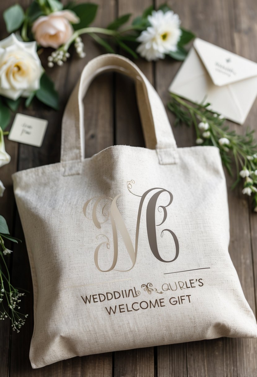 Custom reusable tote bag with a couple's monogram placed on a wooden table surrounded by flowers and wedding decorations.