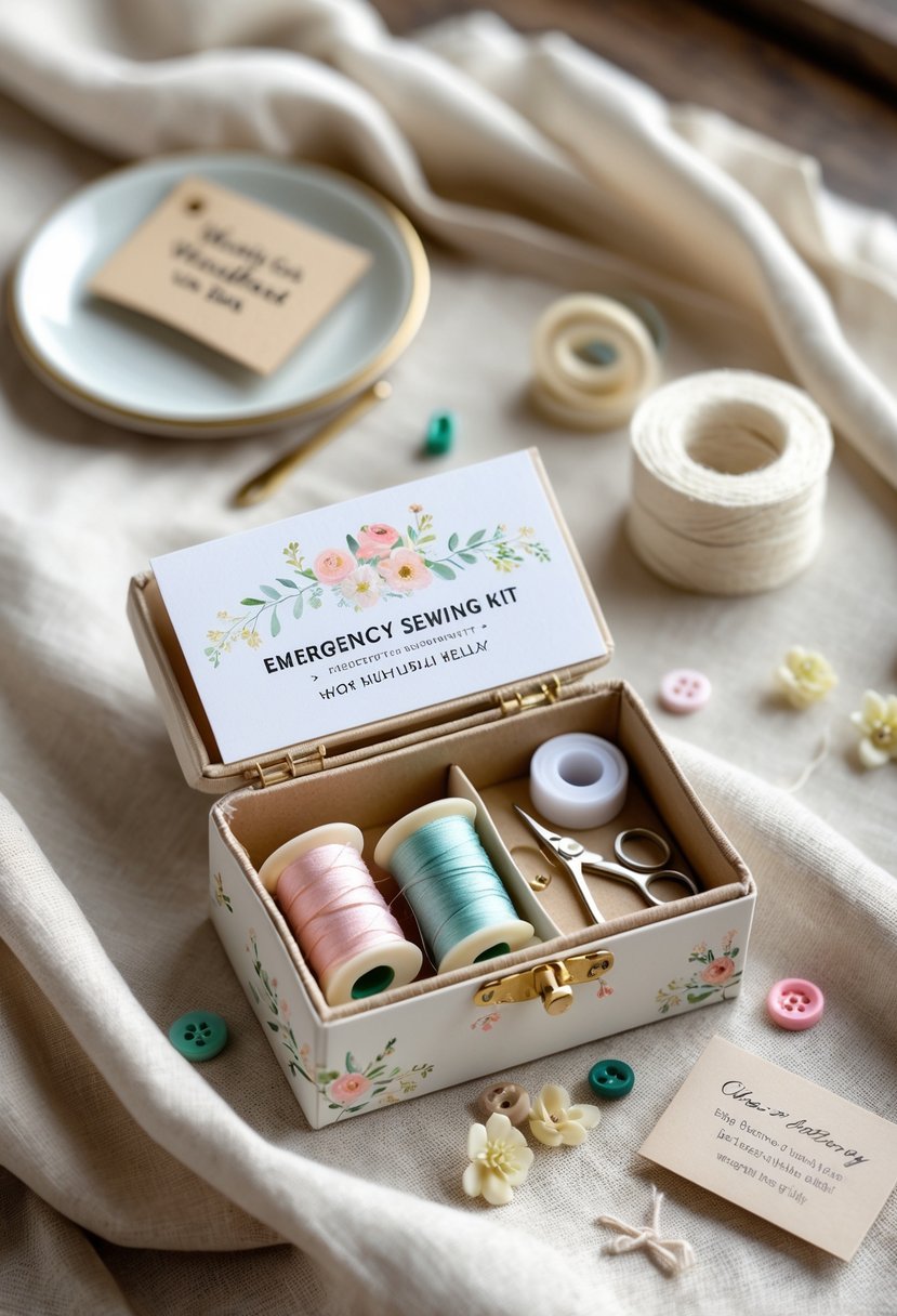 An emergency sewing kit with pastel threads, needles, scissors, and buttons in a floral-patterned pouch, placed alongside wedding welcome bag items on a soft fabric surface.