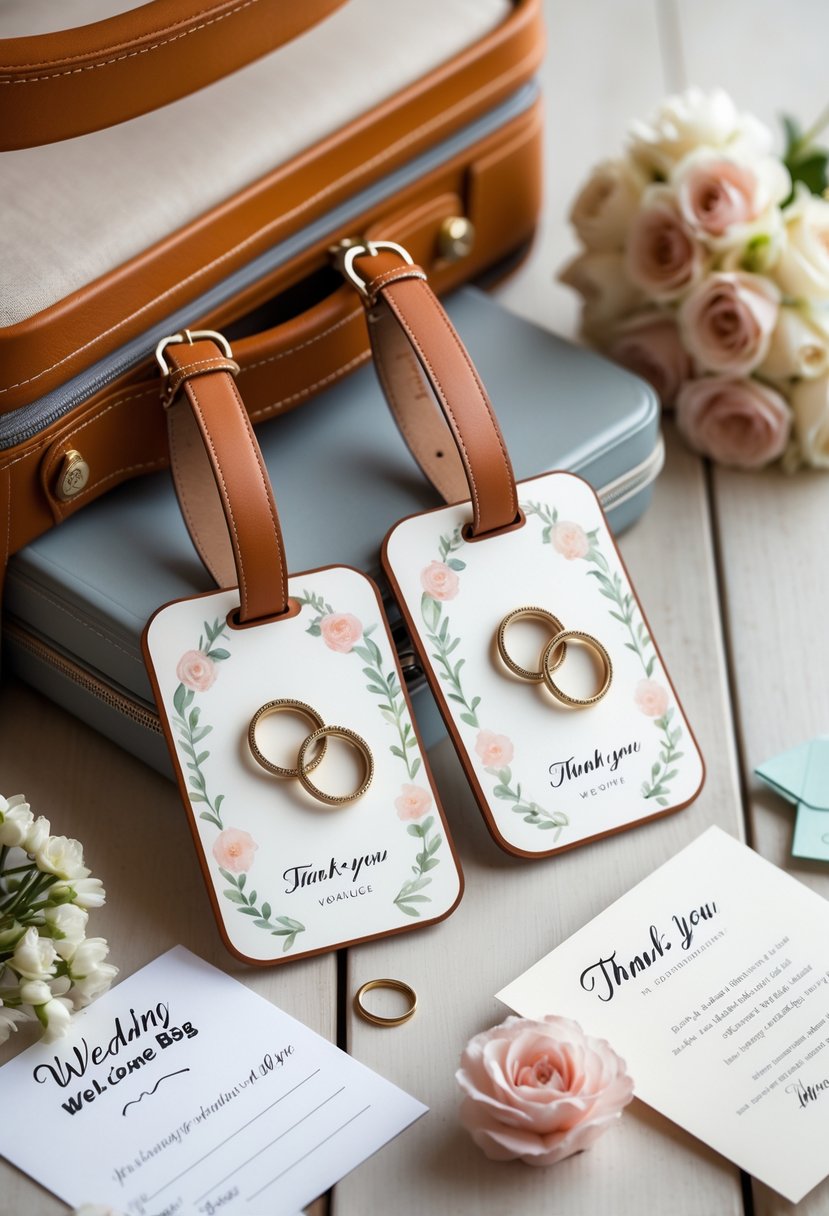 Personalized luggage tags with wedding-themed designs attached to a suitcase handle, surrounded by wedding welcome bag items including a flower bouquet and a small bottle.