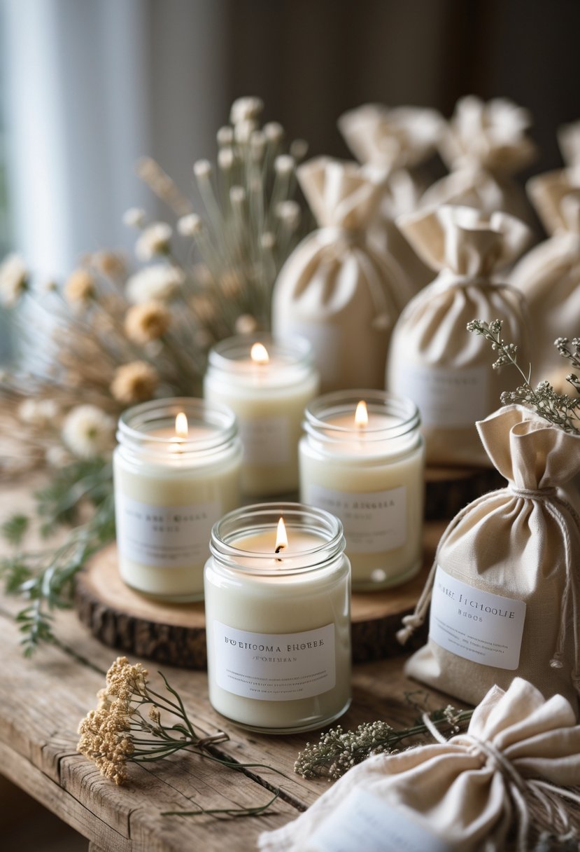 A rustic table with handcrafted candles and wedding welcome bags decorated with dried flowers and greenery.