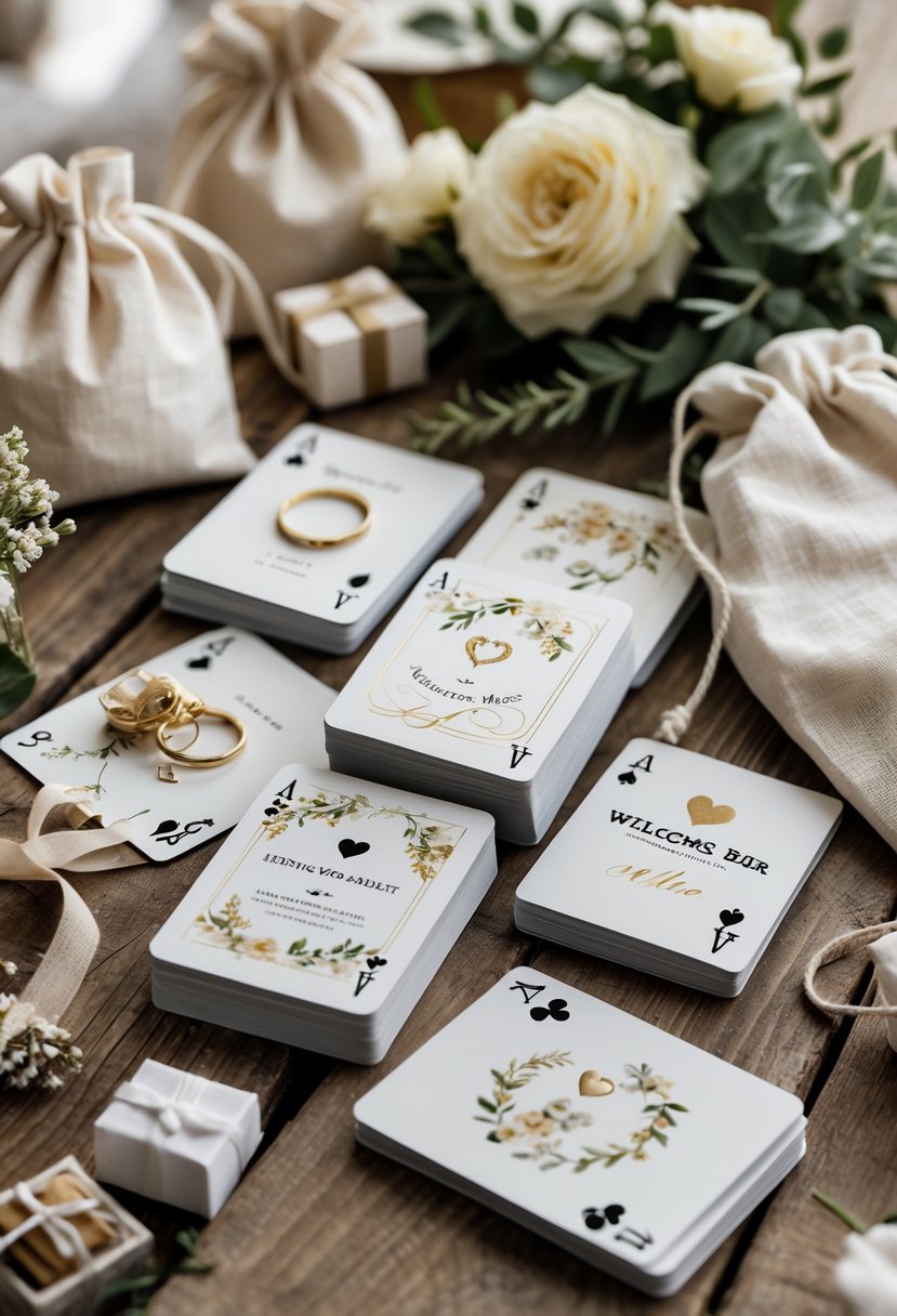 Customized wedding-themed playing cards arranged on a wooden table alongside small wedding welcome bag gifts and flowers.