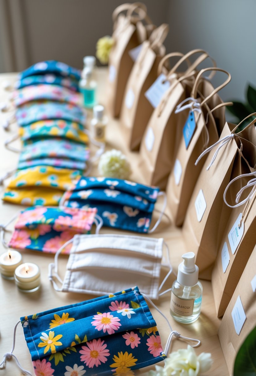A display of colorful personalized face masks arranged with decorated wedding welcome bags and small wedding-themed items on a wooden surface.