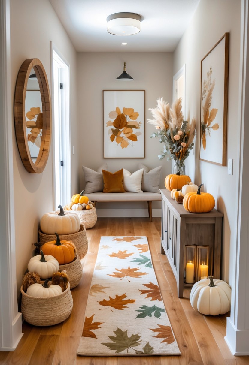 22 Fall Hallway Decor Trends To Refresh Your Entryway This Season 2 A hallway decorated with pumpkins, dried plants, candles, and a rug, creating a warm autumn atmosphere.