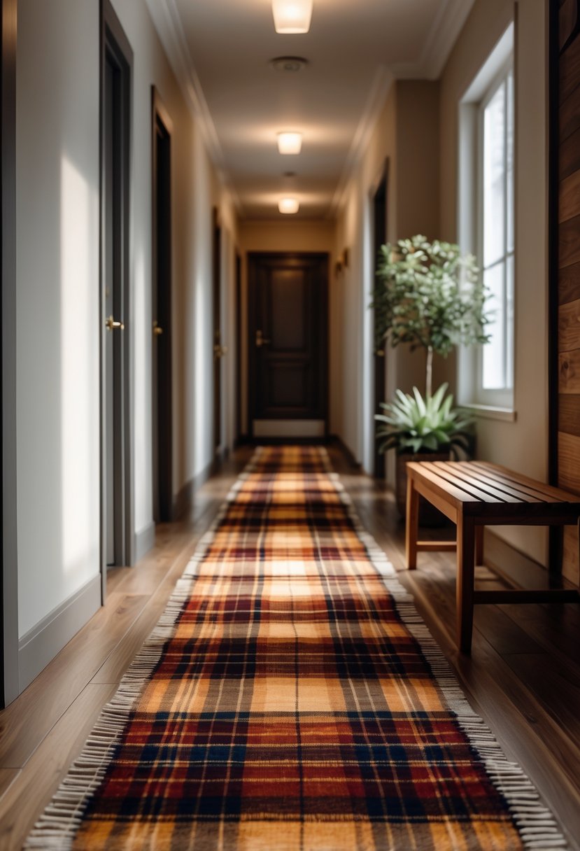 22 Fall Hallway Decor Trends To Refresh Your Entryway This Season 3 A hallway with layered plaid runners on the floor and simple decor along the sides.