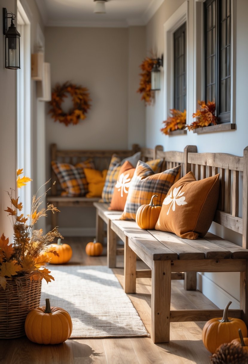 22 Fall Hallway Decor Trends To Refresh Your Entryway This Season 4 Rustic wooden benches with autumn-themed cushions placed in a hallway decorated with fall accents.
