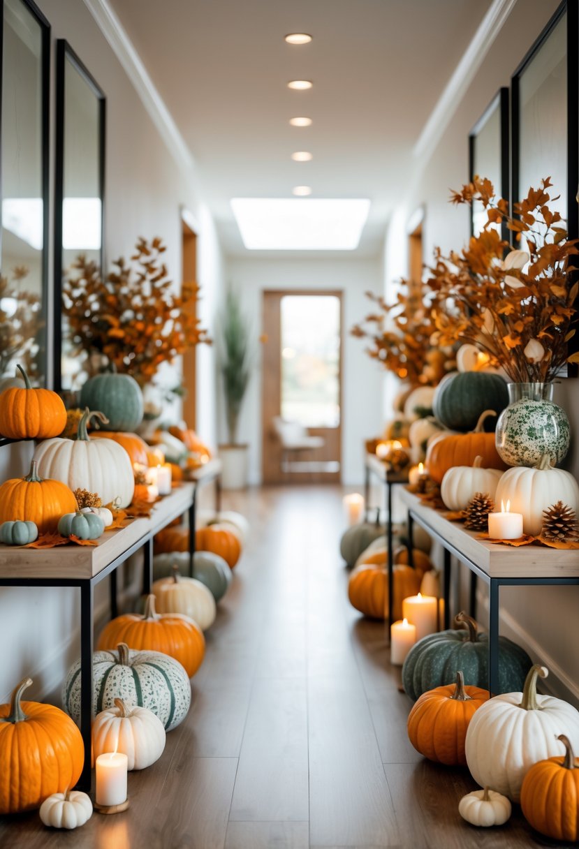 22 Fall Hallway Decor Trends To Refresh Your Entryway This Season 5 A hallway with console tables decorated with pumpkins, gourds, dried leaves, and candles for fall.