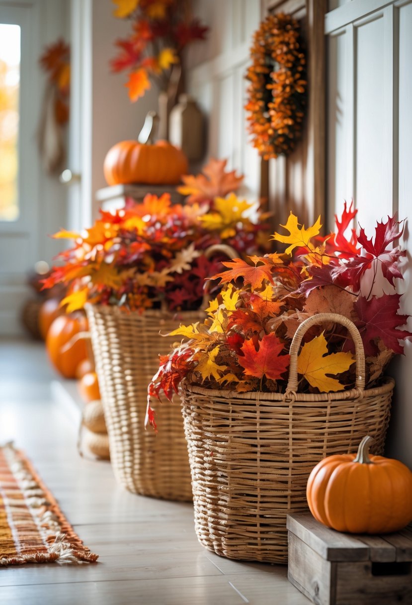 22 Fall Hallway Decor Trends To Refresh Your Entryway This Season 6 Woven baskets filled with colorful autumn leaves arranged in a hallway with fall decorations.