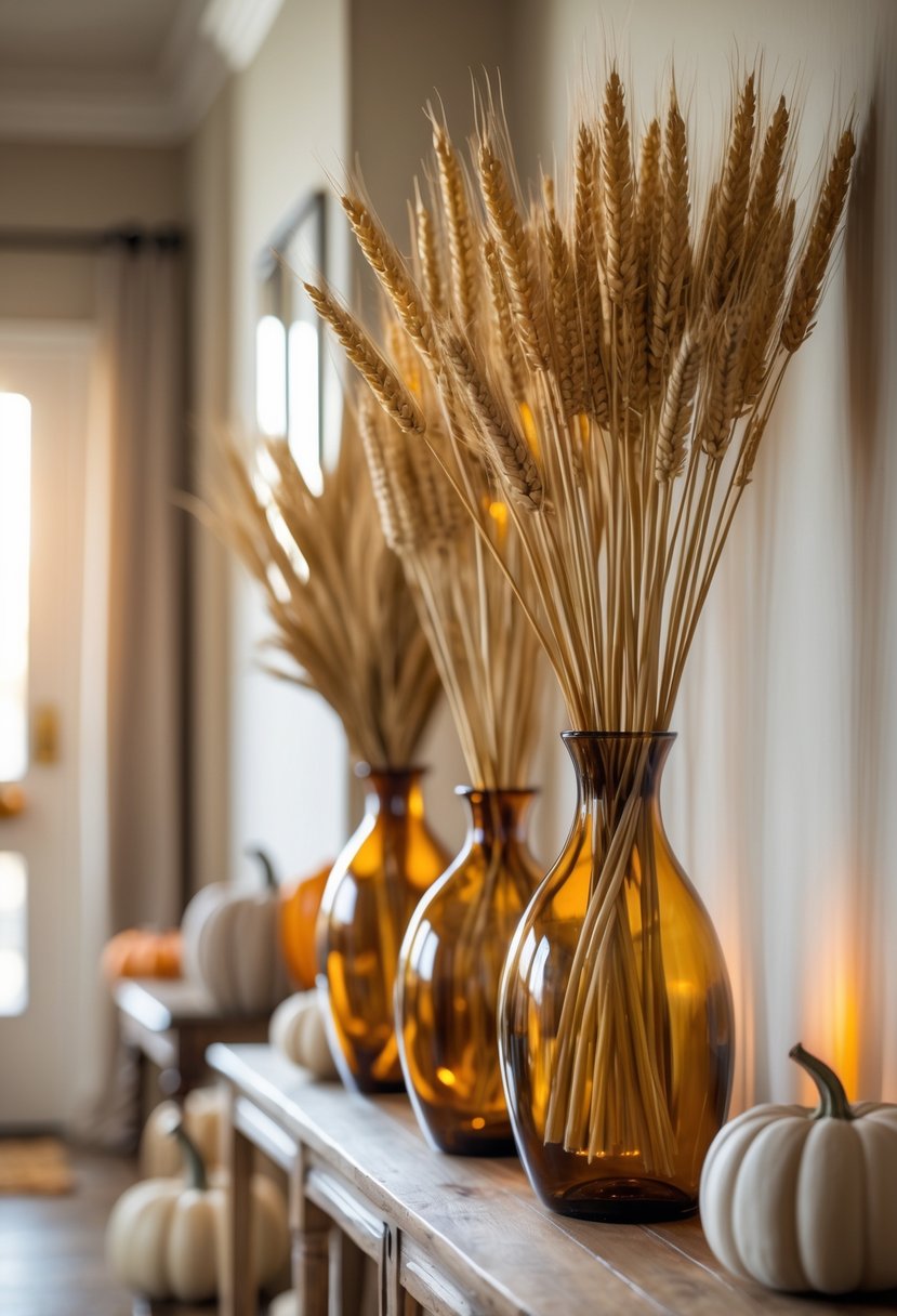 22 Fall Hallway Decor Trends To Refresh Your Entryway This Season 7 Amber glass vases filled with dried wheat stalks arranged on a wooden table in a hallway.