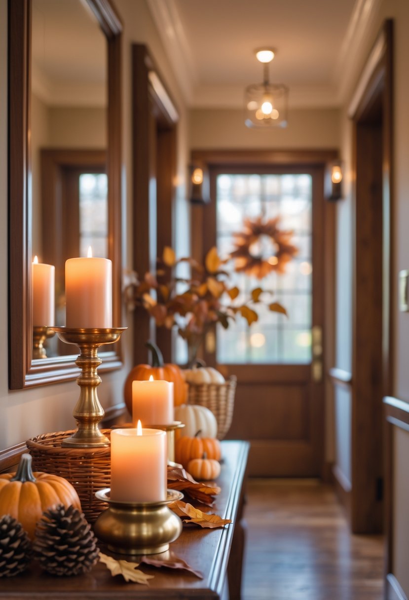22 Fall Hallway Decor Trends To Refresh Your Entryway This Season 9 Copper and brass candle holders with lit cinnamon-scented candles on a wooden table decorated with pumpkins and autumn leaves in a hallway.