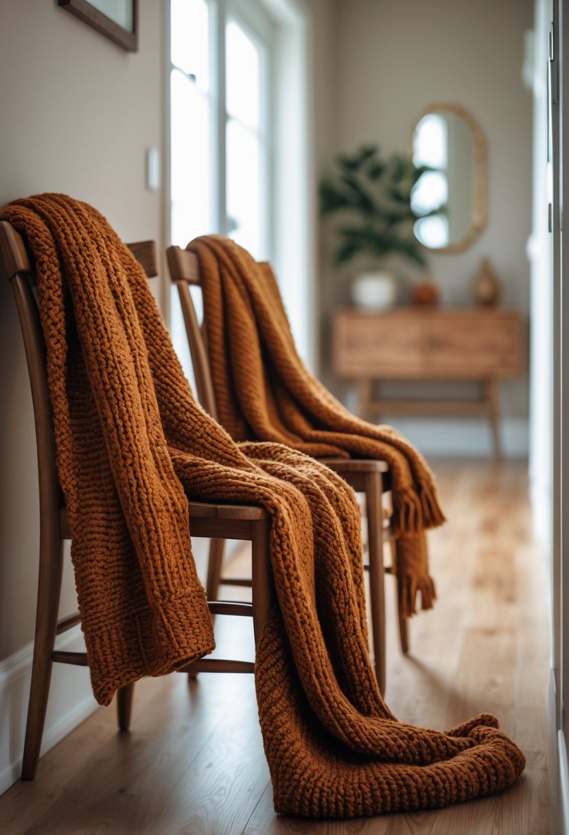 22 Fall Hallway Decor Trends To Refresh Your Entryway This Season 10 Hallway with wooden chairs draped with textured knit throws in warm fall colors.
