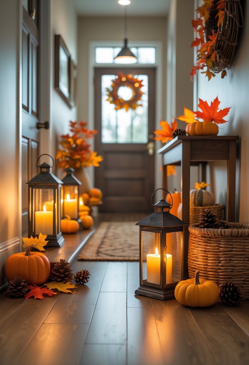 22 Fall Hallway Decor Trends To Refresh Your Entryway This Season 11 A hallway decorated with vintage lanterns holding glowing LED candles, surrounded by pumpkins and fall leaves.