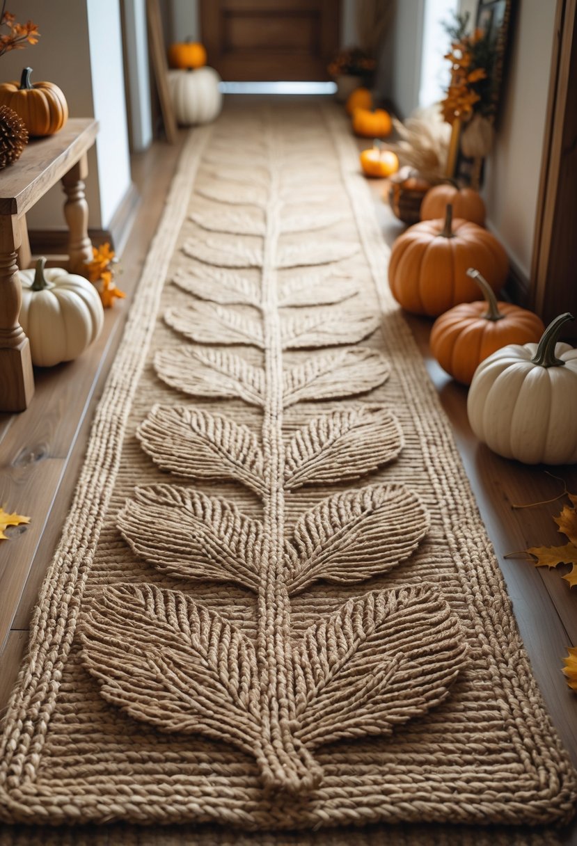 22 Fall Hallway Decor Trends To Refresh Your Entryway This Season 12 A hallway with natural jute rugs featuring leaf patterns and fall-themed decorations including pumpkins and dried leaves.